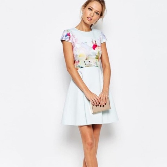 Ted Baker Rivana Fit & Flare Dress Light Blue Hanging Gardens Floral Size 0 US 2 - Picture 1 of 15
